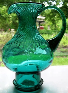 Tiara Indiana Glass Teal Green Hurricane Pitcher Vase - Picture 1 of 9