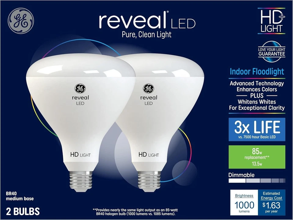 GE Reveal 2-Pack 85 W Equivalent Dimmable Color-Enhancing Br40 LED Light Bulbs - Image 1 of 4