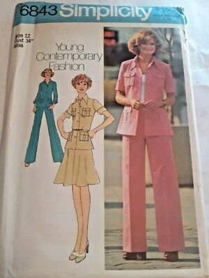 Shirt Jacket Skirt Pants 12 Simplicity Sewing Pattern 6843 VTG 70's UC FF Safari - Image 1 of 4