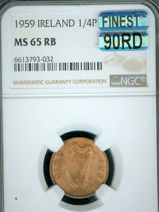 1959 IRELAND FARTHING 1/4P NGC MS65 RB MAC 90RD & FINEST GRADE CHERRY RED * - Picture 1 of 2