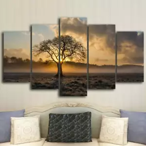 Beautiful Sunrise Tree & Clouds Framed 5 Piece Canvas Wall Art - Picture 1 of 1