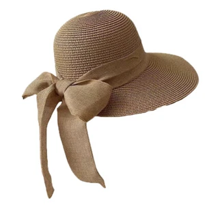 Damen Strohhut breite Krempe Sommer Sonne Strand Schleife Band Outdoor Reise Schirmmütze  - Bild 1 von 3
