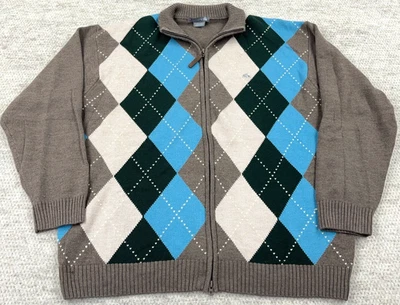 Lacoste Sweater Men Size 9 4XL Brown Blue Full Zip Cardigan Wool Knit Diamond - image 1 of 4