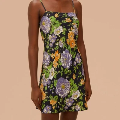 NEW FARM Rio Capri Floral Black Sleeveless Mini Dress Purple Gold Flowers Size L - Image 1 of 4