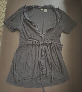 Anthropologie Moth Short Sleeve Black Cotton Cardigan Sweater  M Ruffles/Tie - Picture 1 of 7