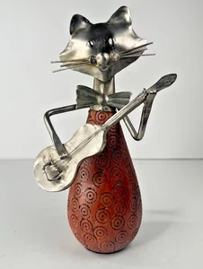 Conjunto de estatuillas de músico de gato muelle de arte popular de la década de 1990 estatuas de madera y metal de 10" - Imagen 1 de 12