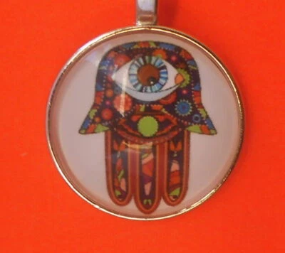 Pretty Hamsa Hand Dome Cabochon Silver Tone Pendant Necklace: UK Seller: Gift - Image 1 of 4