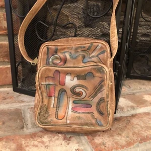 Southwest Mini Umhängetasche Handtasche handbemalt hellbraun Leder Boho Hippie - Bild 1 von 10