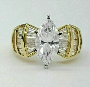 14K Yellow Gold FN 3.20 CT Lab-Created Marquise & Baguette Diamond Wedding Ring - Picture 1 of 3