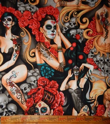 Alexander Henry cotton quilt fabric Las Elegantes Day of the Dead tattoos scrap - Image 1 of 4