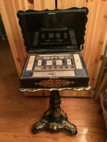 Antique 19th C English Sewing Box Stand W/ Mother of Pearl Inlay & gold painted Cover