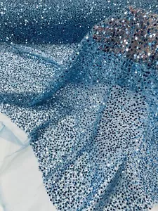 Beaded Sequins Pearl Fabric - Sky Blue Embroidered Pearl Sequins Fabric By Yard - Picture 1 of 5