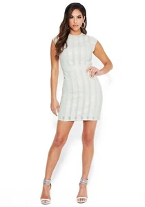 Bebe Dress Faux Leather Mesh Stripe Fitted Mini Crew Neck Sleek White NWT Size 4 - Picture 1 of 4