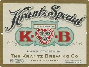 Letrero metálico reproducción etiqueta cerveza KRANTZ SPECIAL K B 9"x12" Findlay OHIO - Imagen 1 de 3