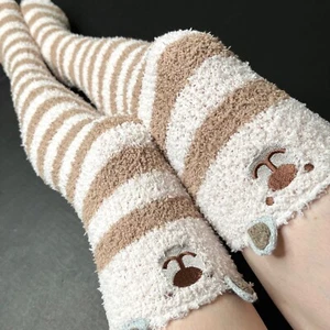 Long Fuzzy Knee Socks Brown Bear Furry Thigh Highs Leggings White Stockings Warm - Picture 1 of 5