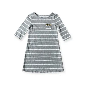 Girls M 8 Old Navy Gray White Stripe 3/4 Sleeve T-Shirt Jewel Pocket Dress - Picture 1 of 4