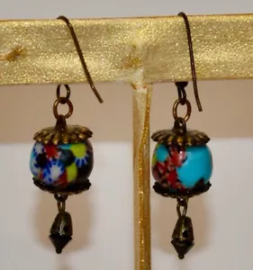 VINTAGE ELEMENTS HANDCRAFTED EARRINGS fused GLASS /GILDED BRASS w blk glass - Picture 1 of 2