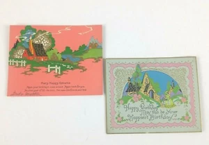 Lote de 2 tarjetas de felicitación de cumpleaños antiguas de la década de 1930 detalle dorado antiguo de cabaña 4,5X5,5 - Imagen 1 de 5