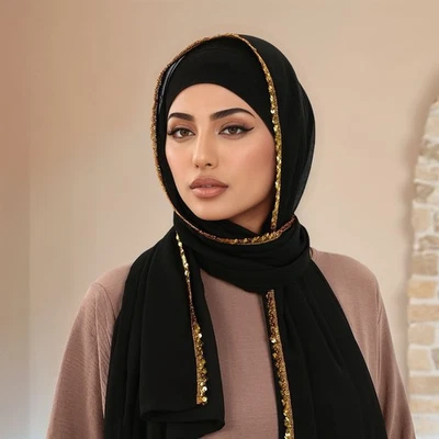 Women Dubai Chiffon Sequin Solid Color Hijab Headscarf Wrap Muslim Khimar Turban - Image 1 of 4