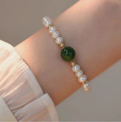 Beautiful South Sea AAA White Pearl + Green Jade Bracelet 7.5-8" 14k Gold P - Image 1 of 4