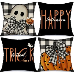 Halloween Pillow Covers 18x18 Set of 4 Buffalo Plaid Spooky Halloween Decorat... - Picture 1 of 7