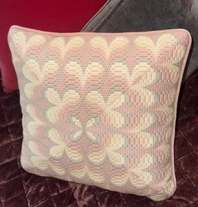 VTG Needlepoint Bargello Pillow tessellation Pink Grey Cream Hand Stitched - Picture 1 of 12