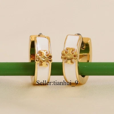 New! Tory KIRA ENAMEL HUGGIE EARRING Classic Elegant Lady Little Hoop white - Image 1 of 3