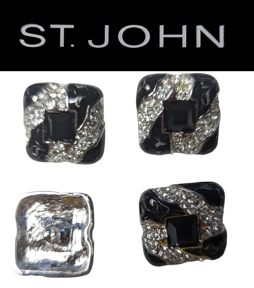 St John Knits 1.0 x1.0 Inch Square Silver Tone Black Enamel Ice Crystal Buttons - Image 1 of 1