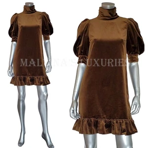 D&G DOLCE & GABBANA DRESS BROWN VELVET RUFFLE PUFFY SLEEVES MOCK NECK $980 40 4 - Picture 1 of 6