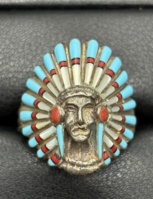 Vintage Southwestern SterlingSilver TurquoiseCoral Native Chief Ring SZ 13.25 Z8 - image 1 of 4