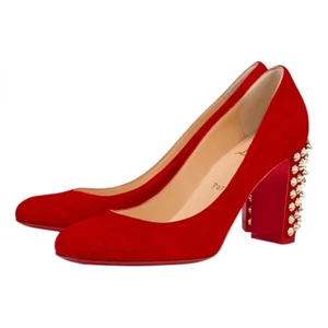 Christian Louboutin Marimalus 85 Loubi Red Suede Gold Spike Block Heel Pump 37 - Picture 1 of 12