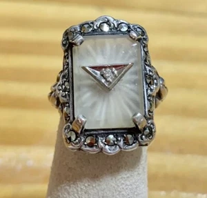 Art Deco Sterling Silver Camphor Glass Marcasite & Diamond Filigree Ring Sz 3.75 - Picture 1 of 10