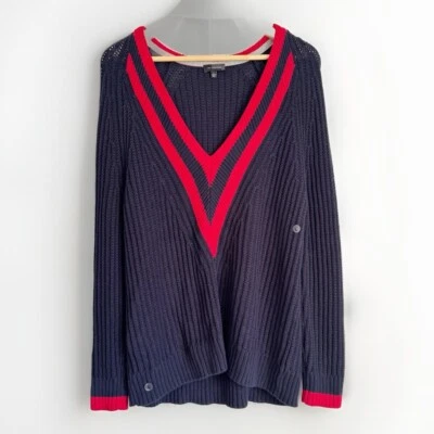 Ограниченный женщин большой опрятный v-образным вырезом свитер синий Y2K Ivy League Academia - Изображение 1 из 4