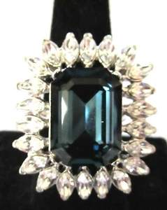 KJL KENNETH J LANE Square Cut Sapphire Blue & Ice Rhinestone Ring - Picture 1 of 5