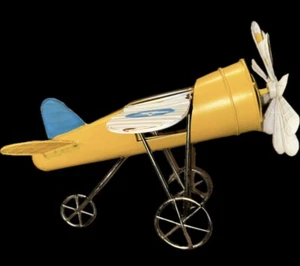 Vintage Propeller Plane Metal Handmade Yellow/White/Blue 16” Wing-Wing Airplane - Picture 1 of 20