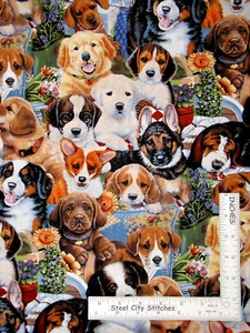 Garden Puppies Dogs Flower Pots Allover Cotton Fabric David Textiles By The Yard - Picture 1 of 1