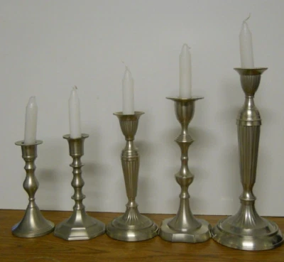 New Linen 'N Things Set of 5 Pewter Finish Brass Candlestick Holders 5.5"-9.75" - Image 1 of 4