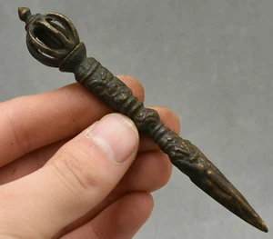 Old Tibet Bronze Mahakala Wrathful Deity Buddha Head Phurba Dagger Holder Faqi - Picture 1 of 4
