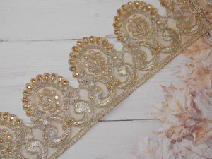 1 m cristallo oro indiano arabo paisley treccia perline pizzo sposa matrimonio natale - Foto 1 di 2