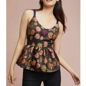 Anthropologie Tank Top Womens Small Black Sleeveless Floral Jacquard Peplum Hem - Picture 1 of 10
