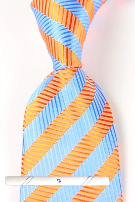 Nova gravata masculina clássica listrada azul laranja tecido jacquard 100% seda - Imagem 1 de 4