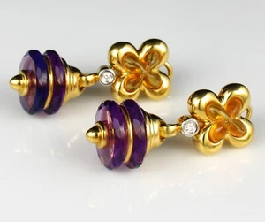 SIGNED NATURAL 2.52ctw AMETHYST CITRINE & DIAMOND 18K GOLD SATURN DROP EARRINGS - Picture 1 of 10