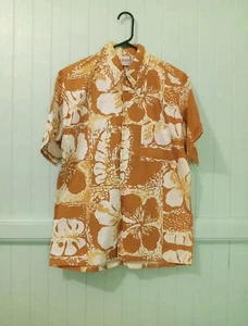 Luau Polynesian Originals MCM 1970's Tiki Hawaiian Aloha Shirt Vintage Sz M Gold - Picture 1 of 6