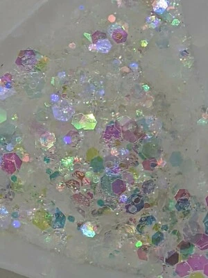 ROONIQUE BOUTIQUE NAILS Opal Iridescent White/Clear Glitter Hexago Mix Embellishment Nail Art UK Seller.