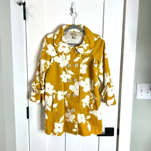Anthropologie Elevenses Mustard Gold Floral Double-Breasted Retro Pea Coat 6 - Picture 1 of 4