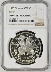 1993 Gibraltar 35 ECU 25 Pounds Silver Proof NGC PF69 Ultra Cameo - Beautiful! - Picture 1 of 2