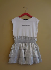 Abito Karl Lagerfeld bianco con gonna plissettata argento logo vita glitterata taglia 6 - Foto 1 di 8