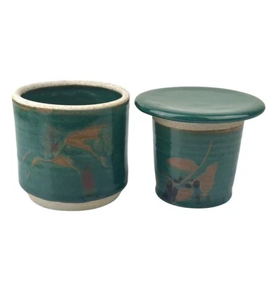 Studio Art Pottery Butter Keeper Crock w/ Lid Green Artist Signed Sun Valley, ID - Image 1 of 4