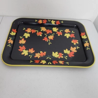 Vintage Metal Serving TV Black Tray Fall Orange Yellow Maples Leaves MCM Autumn  - Image 1 of 4