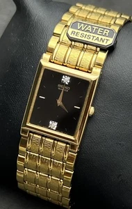 Vintage New 2004 SEIKO Diamond Tank Men’s 32mm Slim Quartz Watch Black Gold 4N00 - Picture 1 of 20
